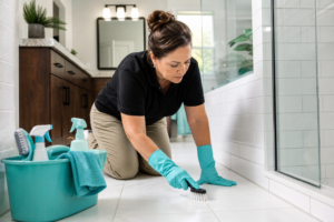 Professional cleaner deep cleaning bathroom tile grout in an Algonquin home with teal cleaning supplies