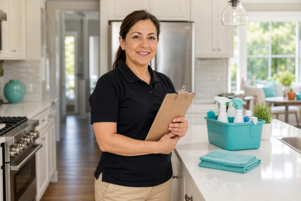 Professional house cleaner in Crystal Lake holding a cleaning checklist in a modern kitchen with teal cleaning supplies