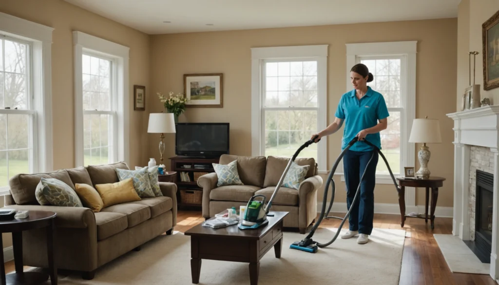 Professional cleaner tidying a bright suburban living room
