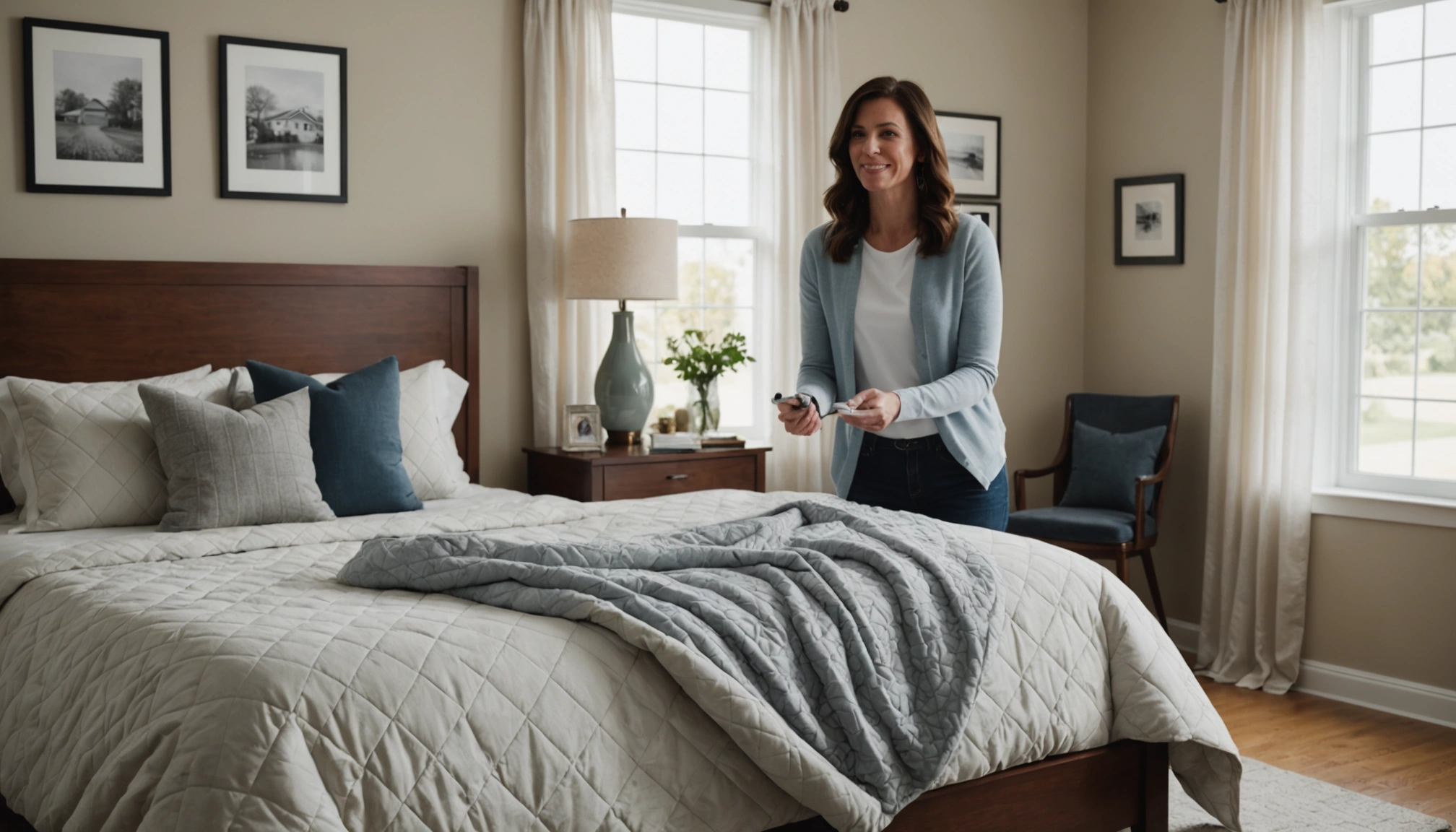 Cleaner and homeowner with allergy-friendly bedding and flooring samples in home