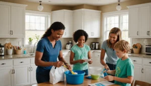 Family planning summer cleaning at kitchen island in sunlit home