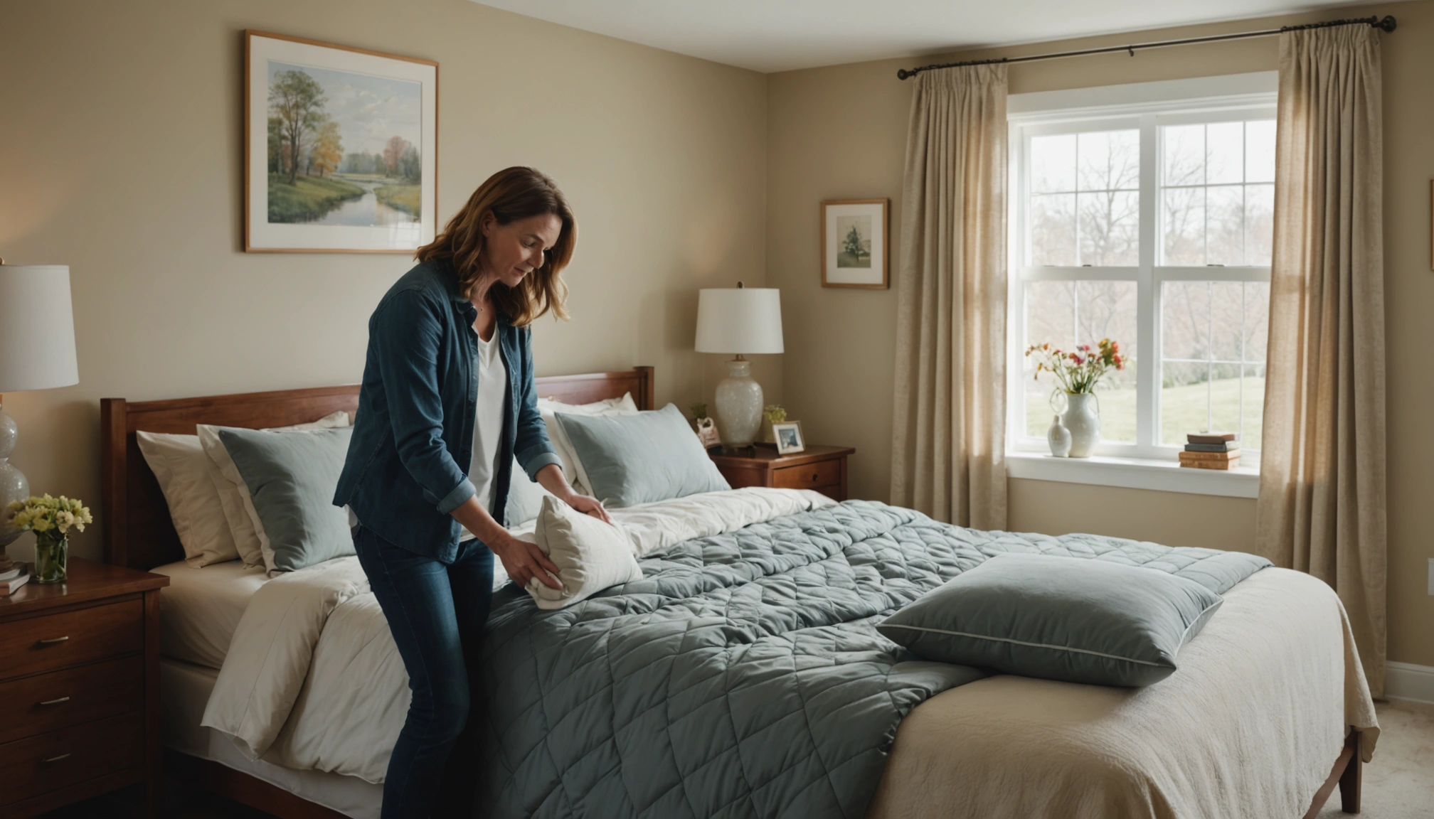 Homeowner and cleaner allergy-proofing bedroom with vacuum and bedding changes