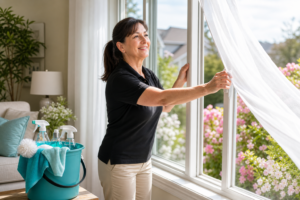 Professional cleaner opening windows for spring cleaning in a Crystal Lake home with teal cleaning bucket